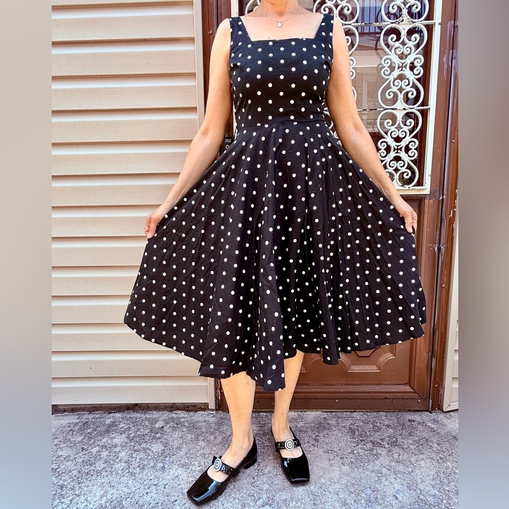 Bailey Blue Black and White Polka Dot Midi Dress M
